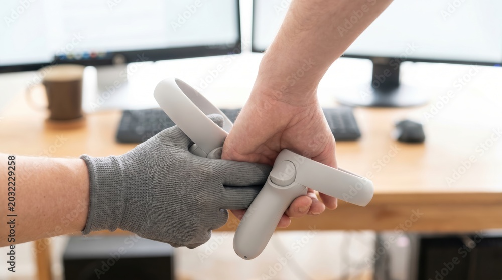 Naklejka premium Person wearing one haptic feedback glove and one bare hand holding virtual reality controllers
