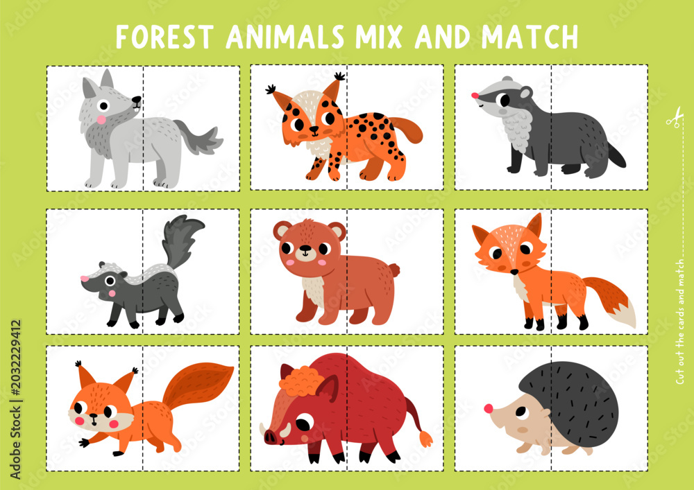 Obraz premium Vector forest animals mix and match puzzle. Woodland matching activity for preschool kids. Wildlife printable game with squirrel, bear, wolf, lynx, badger, skunk, hedgehog, boar