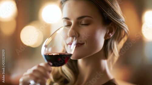 Woman savoring a glass of red wine with eyes closed in restaurant  