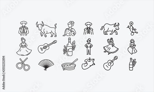 Obraz na płótnie Spain matador bull flamenco guitar wine hand drawn line art icon set vector illu