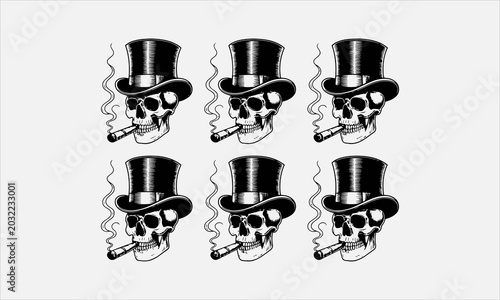 Obraz na plátně Vintage skull in top hat smoking cigar, black and white engraving line art icon