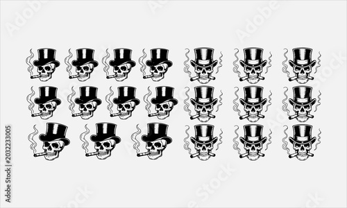 Canvas-taulu Vintage skull in top hat smoking cigar, black and white engraving line art icon