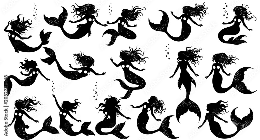 Fototapeta premium Collection of beautiful mermaid silhouettes in various swimming poses with bubble accents for fantasy art and marine themed decorative graphic design on white background