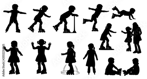 Photography Children roller skating silhouettes set featuring kids in various poses and acti