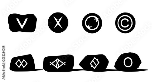 Foto Collection of abstract black ink brush symbols and minimalist geometric shapes o
