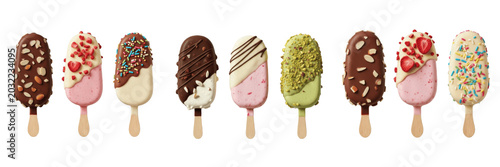 Set of Nine Assorted Gourmet Ice Cream Popsicles Isolated on White Background, Variety of Toppings, Chocolate, Strawberry, Nuts, and Sprinkles, Refreshing Summer Dessert Collection, High-Quality Food 