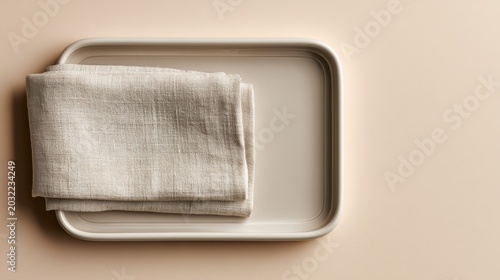 matte ceramic tray with linen fold on beige background