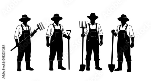 Foto Set of professional farmers standing in overalls with agricultural tools includi