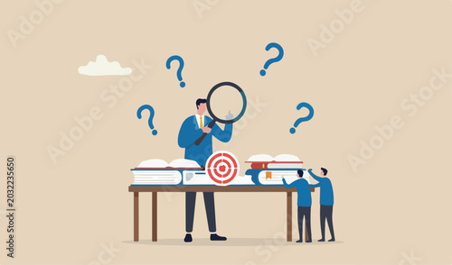 Detect or discover fact, information or analysis, curiosity, research search details, bullseye concept, businessman book detective look through team magnifying glass searching