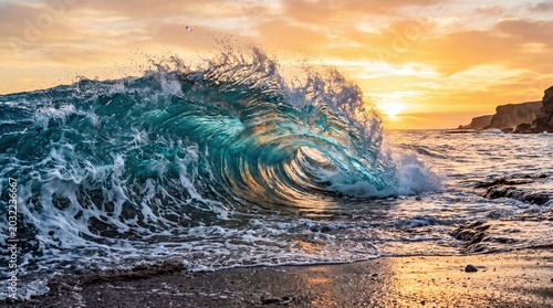Bild auf Leinwand Powerful ocean wave crashing against the shoreline during a golden sunset creates a dynamic scene in this stunning nature photograph capturing the raw energy and movement of the deep blue sea