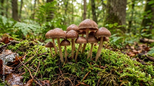 Close up photograph of a cluster of brown mushrooms growing on vibrant green mossy forest floor showing natural textures and soft woodland lighting in this detailed outdoor nature scene shot
