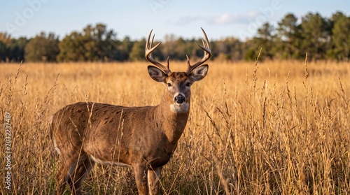 Photos Majestic white tailed buck deer standing alert in a golden meadow during a sunny