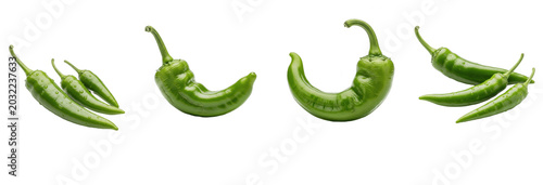 Canvastavla Fresh Green Chili Pepper Set Isolated on White Background, Spicy Culinary Ingred