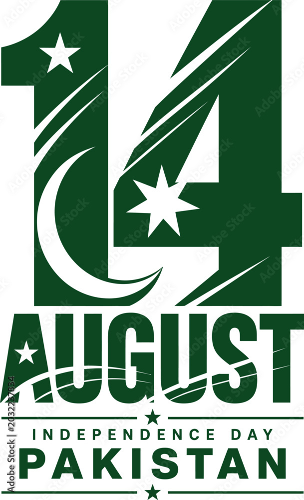 Fototapeta premium Creative green vector illustration featuring the date of Pakistan independence day with stars and moon