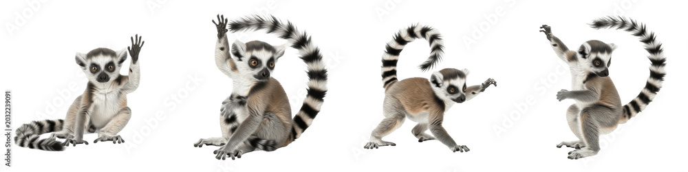 Fototapeta premium Set of Cute Ring-Tailed Lemurs in Various Poses, Realistic Wild Animal Characters, Isolated Jungle Mammal Collection for Wildlife Education, Children's Books, Safari Design and Nature Illustration Pro