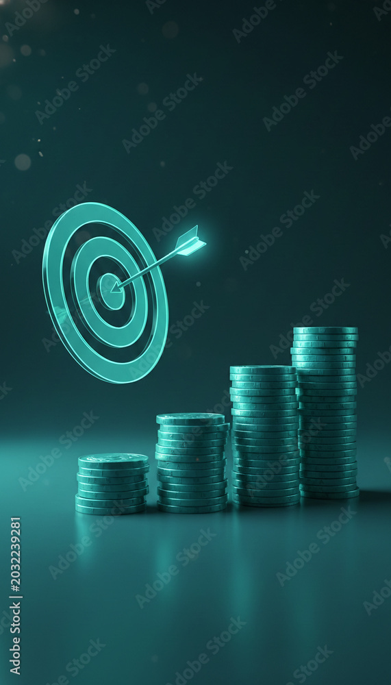 Fototapeta premium Glowing target with arrow hitting bullseye, stacks of coins symbolizing financial growth and success, representing achieving goals and prosperity.