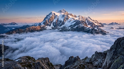Cuadro en lienzo Majestic snow covered mountain peak rises above a dense layer of fluffy white cl