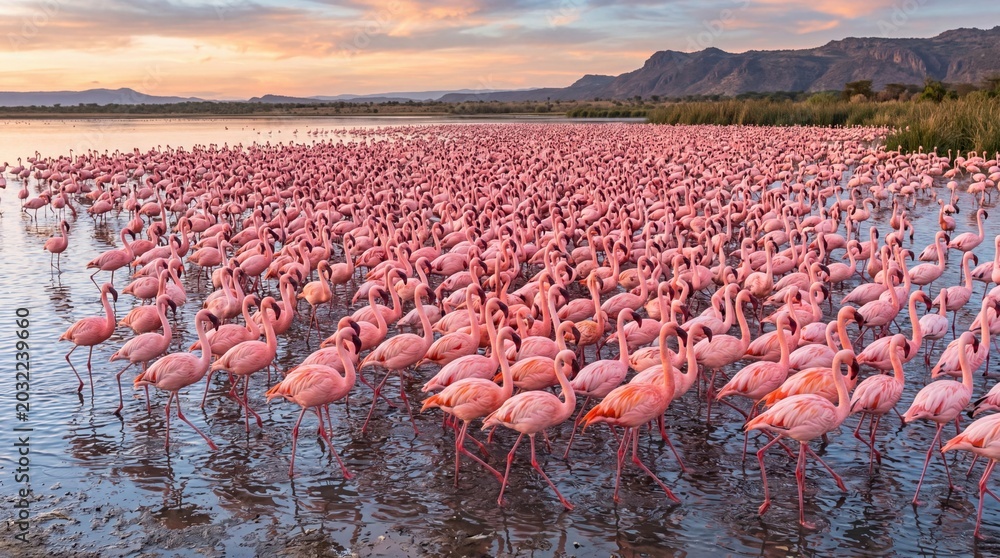 Fototapeta premium A massive flock of vibrant pink flamingos wade through the shallow waters of a serene African lake during a beautiful golden sunset in this stunning and peaceful wildlife nature photograph.