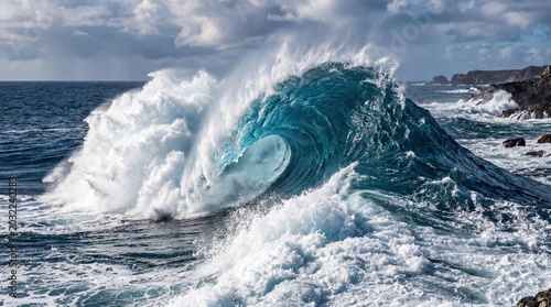 Powerful blue ocean wave crashes against a rocky coastline during a dramatic storm in this high quality photograph capturing the raw energy and intense movement of nature in the sea