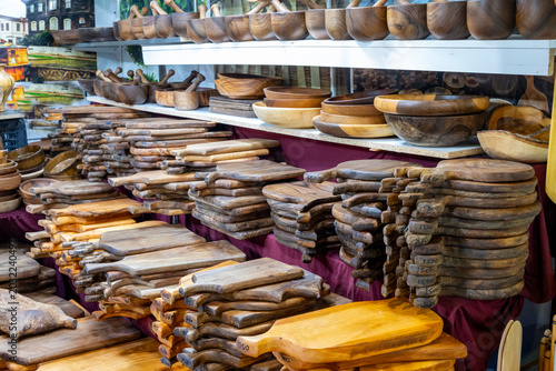 Fényképezés Wooden cutting boards from natural wood in the market