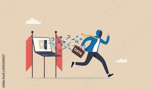 Computer hacke to steal personal data from computer, criminal man thief holding bag with the word DATA running away from secret door on laptop computer