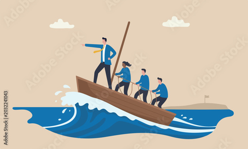 Courage survive, challenge or risk taker concept, businessman captain point finger to lead team sailing boat to survive big wave storm