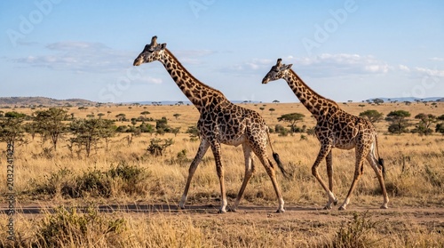 Fotografija Two elegant giraffes walk gracefully across the golden savanna landscape under a