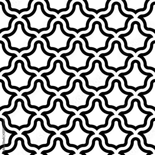 Black interlocking figures tessellation on white background. Image with floral shapes. Ethnic mosaic tiles motif. Antique wallpaper. Seamless surface pattern design with scales ornament. Vector art.