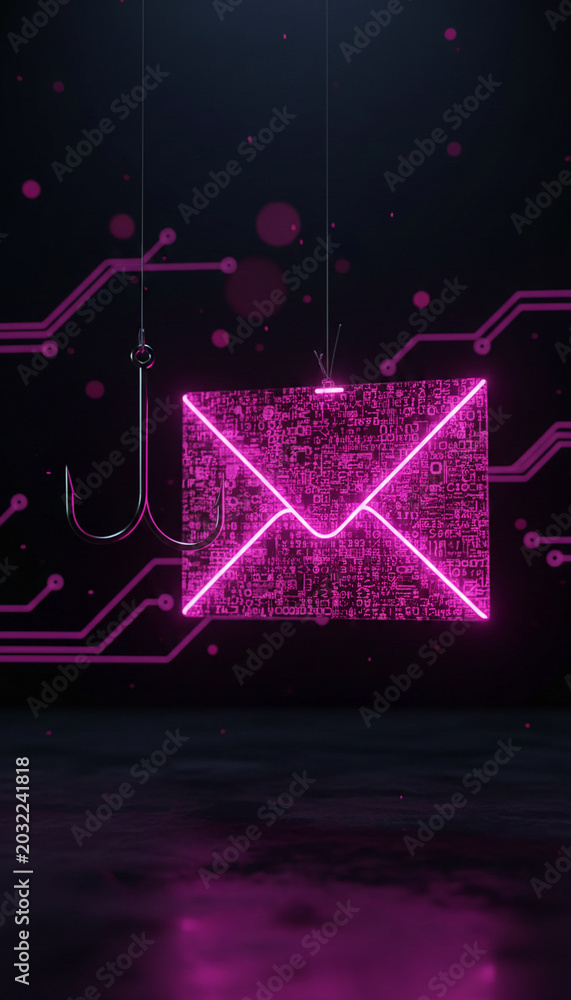 Naklejka premium Neon pink glowing envelope caught on a fish hook, with circuit board pattern background, symbolizing digital phishing and cyber threats