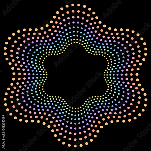 Rainbow Gradient Halftone Rosette Frame on Black Background