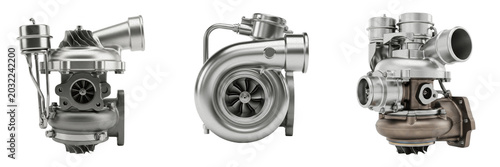 Set of Automotive Turbochargers Isolated on White, High-Performance Engine Parts, Turbo Air Induction System, Metallic Turbocharger Units for Performance Cars, Industrial Engineering Components, Preci