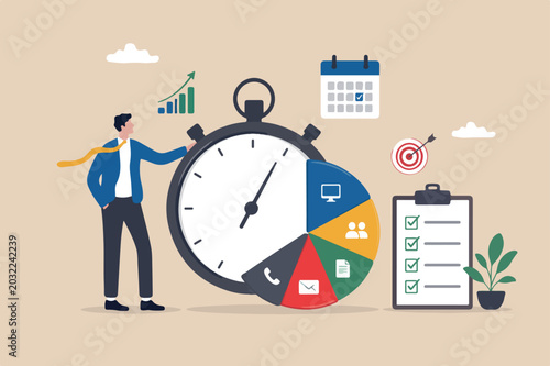 Time tracking system or time management to manage project or productivity, evaluate efficiency or project resources planning concept, business man stand with stop watch timer time spend pie chart