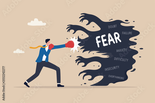 Foto Overcome fear challenge difficulty, courage to fight back win over obstacle or d