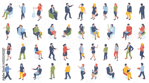 Isometric collection of diverse people in various poses and attire isometric people women