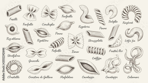 Foto Hand drawn assortment of various italian pasta shapes with labels italian food c