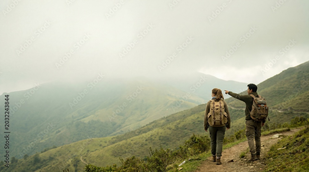 Obraz premium Back View of Two Hikers Pointing Ahead, Symbolizing Shared Journey and Future Vision on a Misty Mountain Path