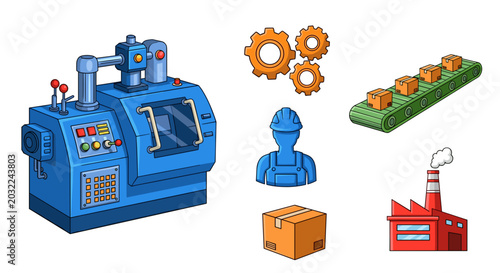 Foto Industrial manufacturing elements including a machine worker conveyor belt and f