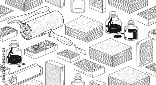 Foto Linocut printing tools and materials seamless pattern with ink bottles and rolle