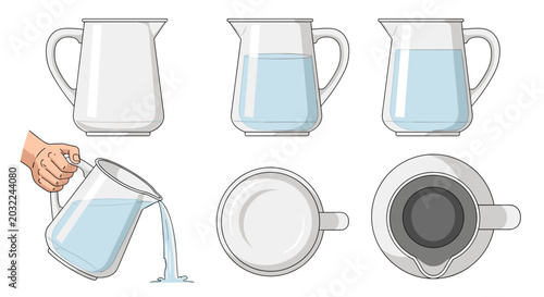 Tableau sur toile Water pitcher set showing different views and pouring action with water