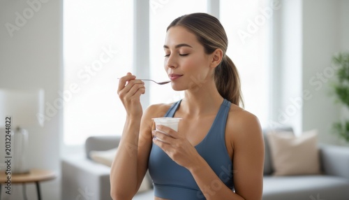Healthy young woman in sports bra eating yogurt