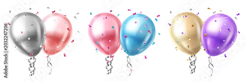 Balloons in silver, pink, blue, gold, and purple with confetti and ribbons float against a white background, creating a festive atmosphere.
