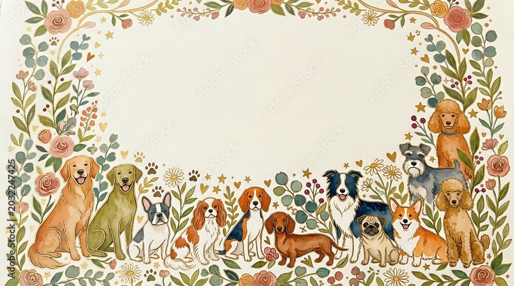 Fototapeta premium Adorable dogs of various breeds sitting in decorative floral border frame with botanical elements, perfect for pet-themed designs and greeting cards.