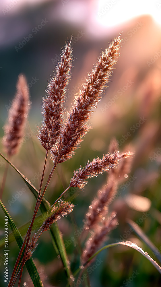 Obraz premium Sunlit Grasses with Dewdrops