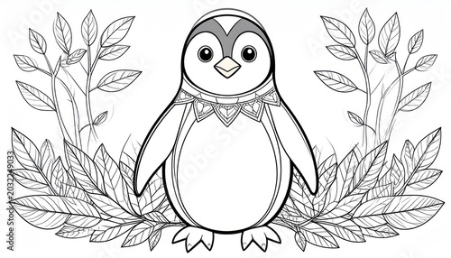 Cute penguin with mandala and leaves coloring illustration