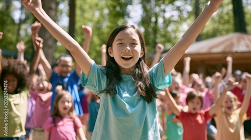 joyful girl leading group cheer at outdoor summer camp activity with diverse smiling children, sunlit trees and rustic cabins