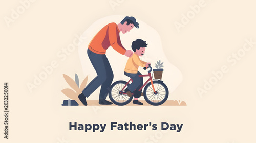 Father helps child ride bike on a sunny day outdoors for Happy Father's Day