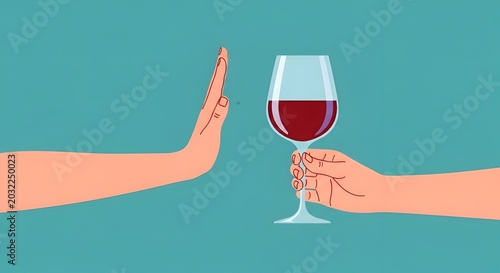 Stylized illustration depicting a hand firmly rejecting a glass of red wine, symbolizing abstinence, moderation, or a refusal of alcoholic beverages.