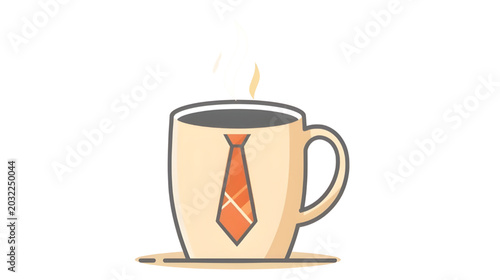 A steaming coffee cup with a tie sits on a surface indoors.