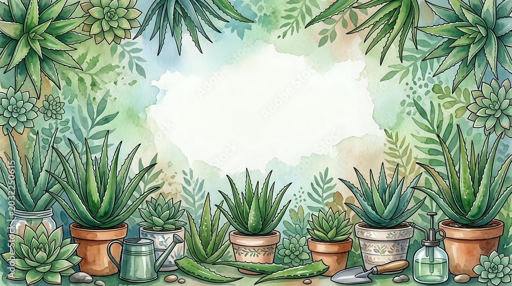 Fototapeta premium Watercolor frame with succulents, aloe vera, and tropical plants in terracotta pots, soft green tones, white copy space center for text or design.