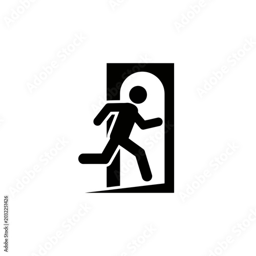 Emergency exit sign icon, running man pictogram, vector illustration of a person escaping through a doorway, simple flat design for safety signage